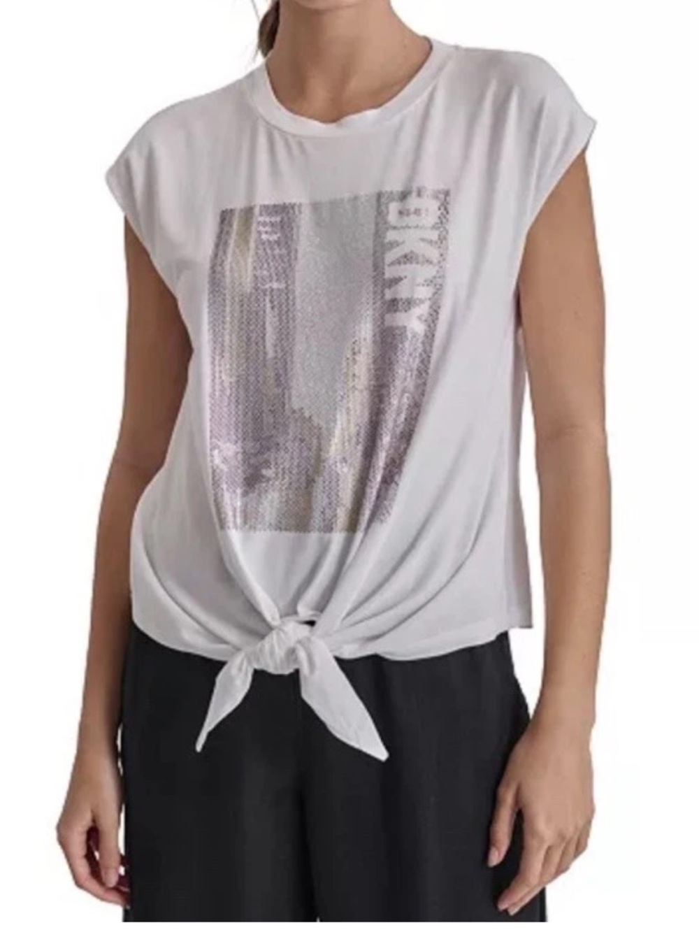 DKNY Women's Rhinestone-Cityscape Sleeveless Tie-Hem Top White Size M